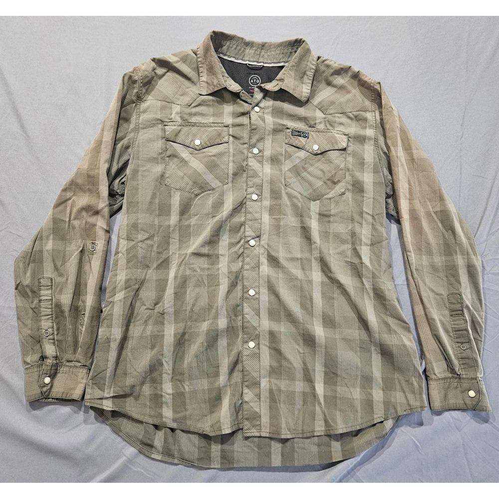Wrangler ATG Shirt Mens XL Olive Green Plaid Pearl Snap Long Sleeve All Terrain